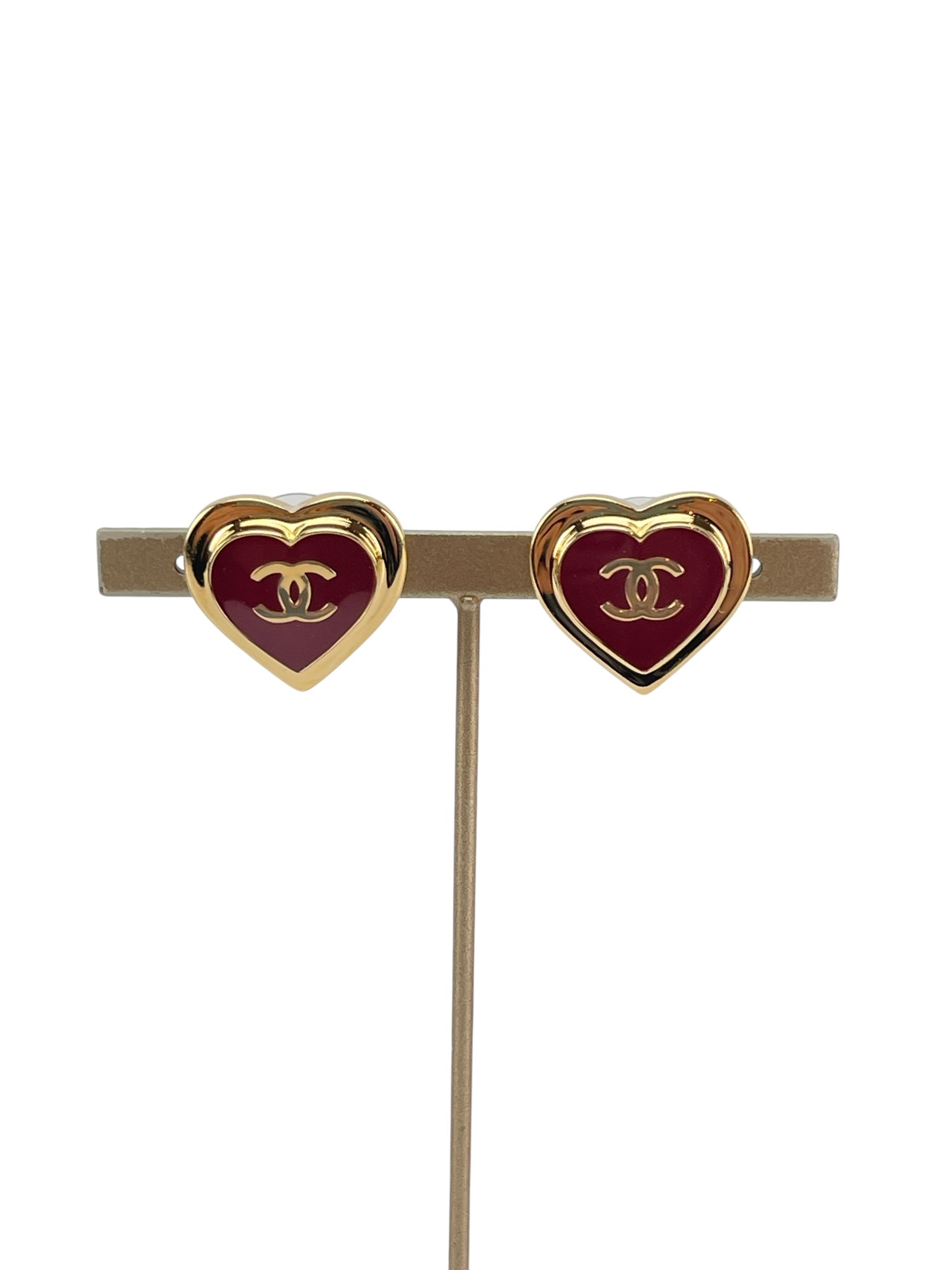 CHANEL - 26P Red Gold Heart CC Logo Stud Earrings