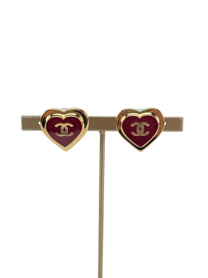CHANEL - 26P Red Gold Heart CC Logo Stud Earrings