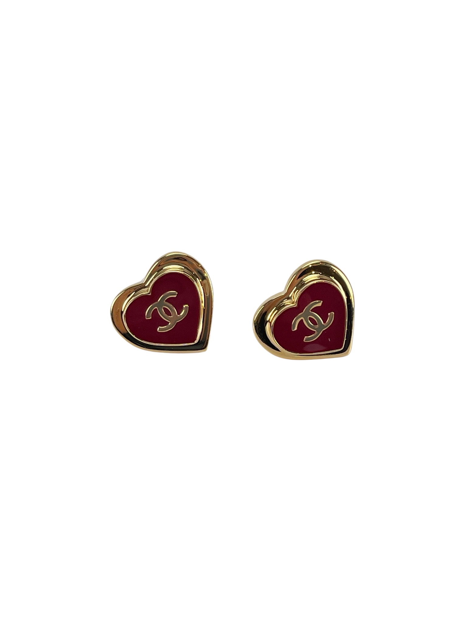 CHANEL - 26P Red Gold Heart CC Logo Stud Earrings