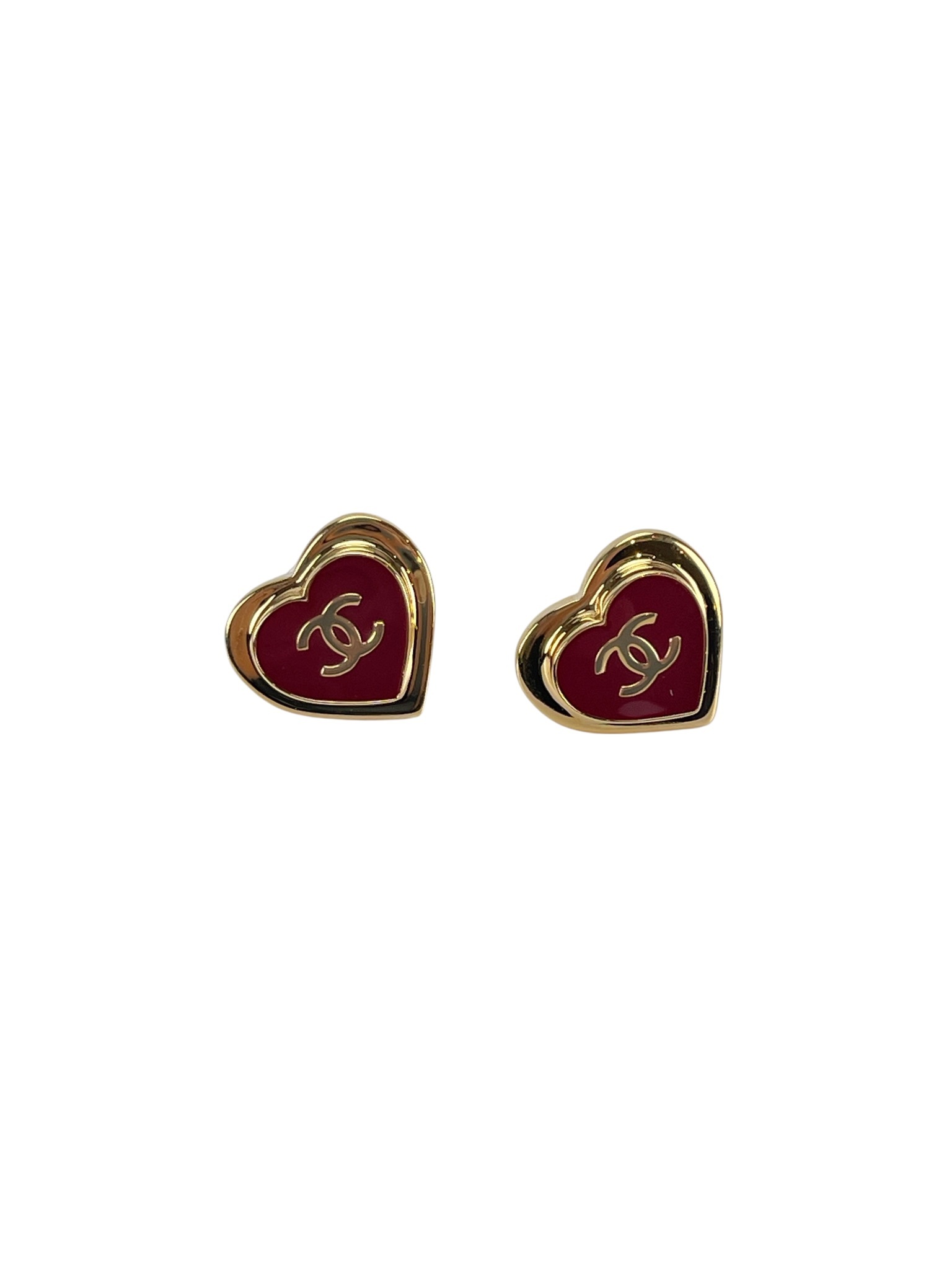CHANEL - 26P Red Gold Heart CC Logo Stud Earrings