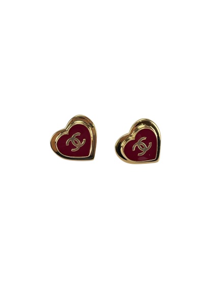 CHANEL - 26P Red Gold Heart CC Logo Stud Earrings