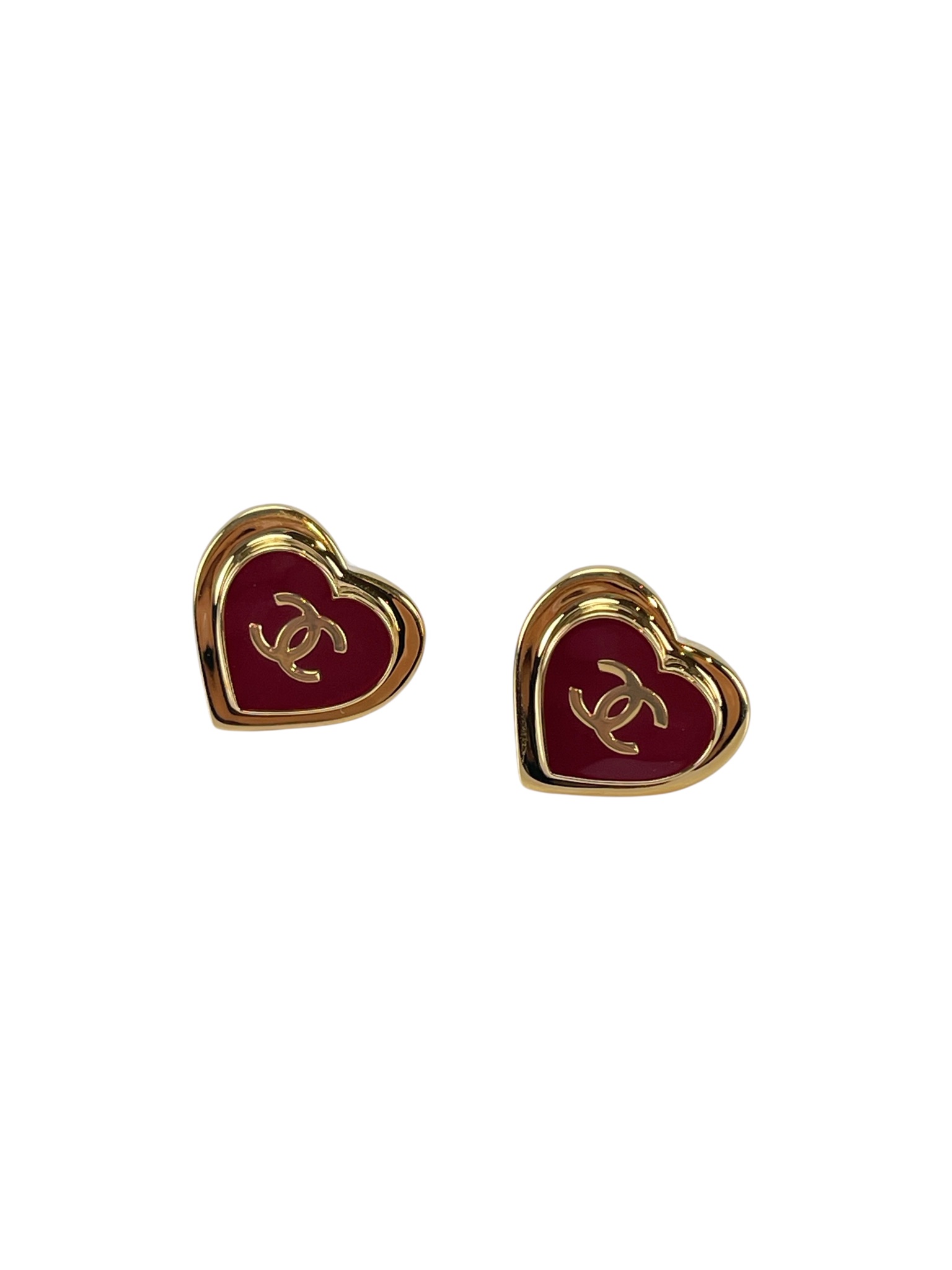 CHANEL - 26P Red Gold Heart CC Logo Stud Earrings