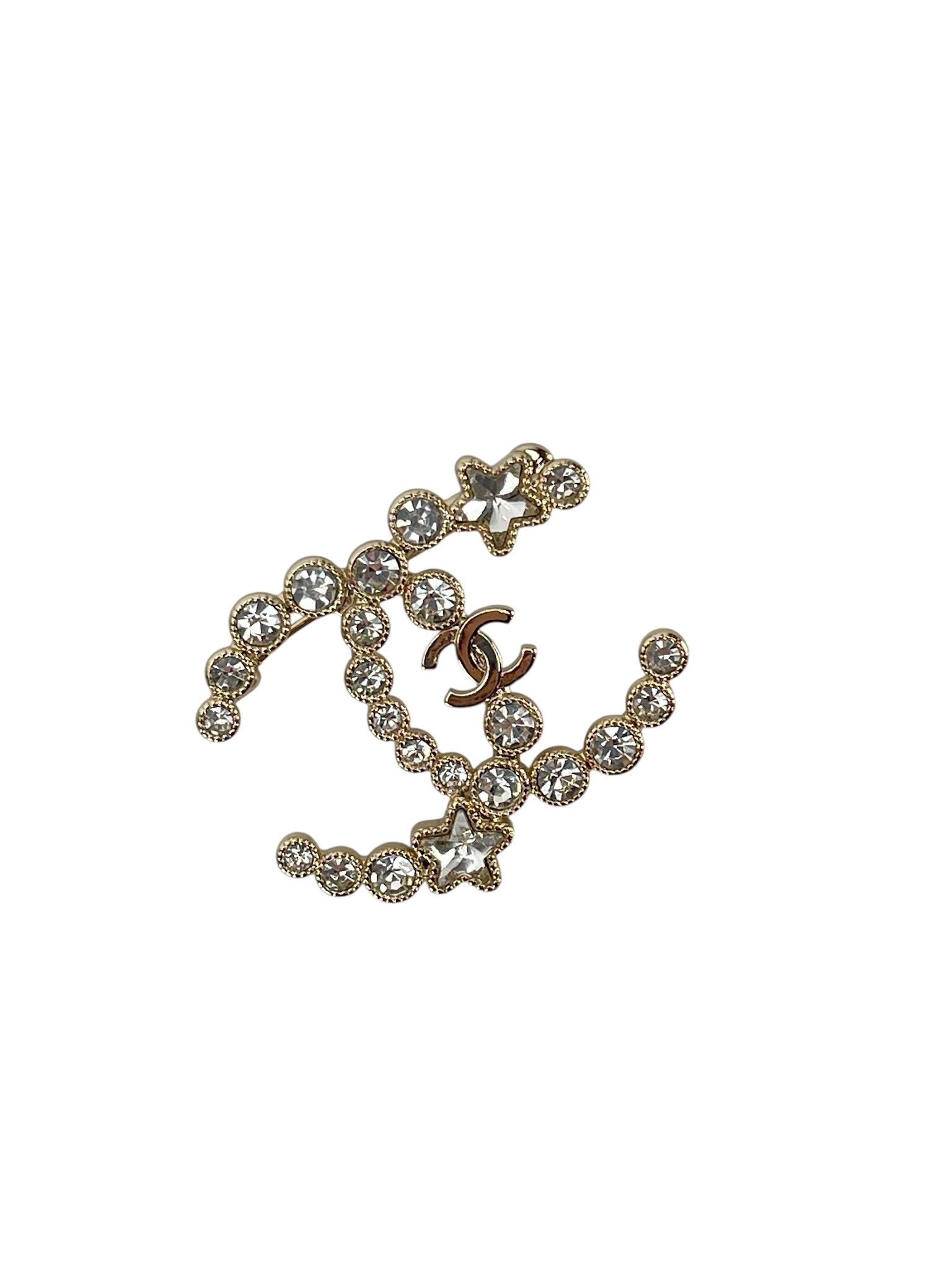 CHANEL - 24K Gold Rhinestone Star CC Logo Brooch