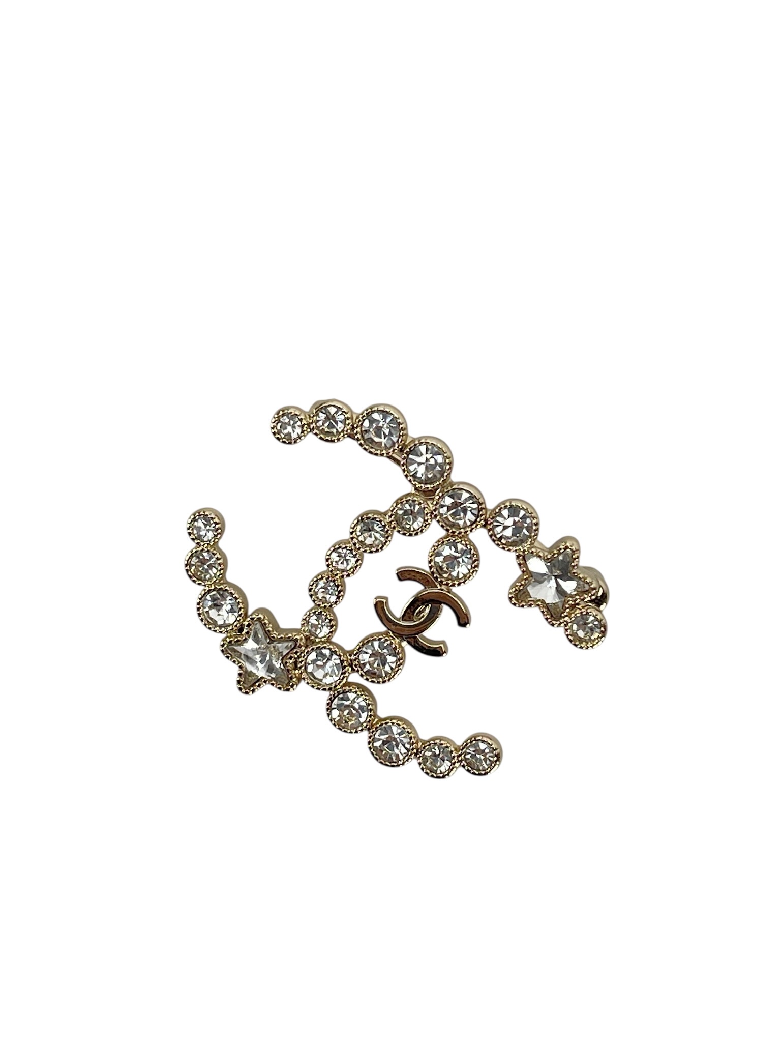CHANEL - 24K Gold Rhinestone Star CC Logo Brooch