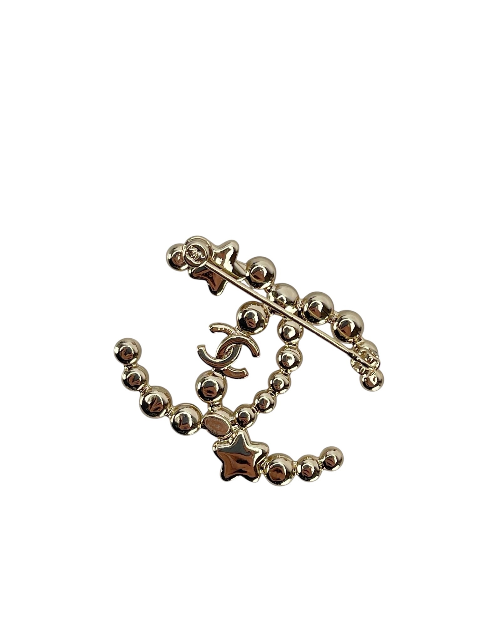 CHANEL - 24K Gold Rhinestone Star CC Logo Brooch