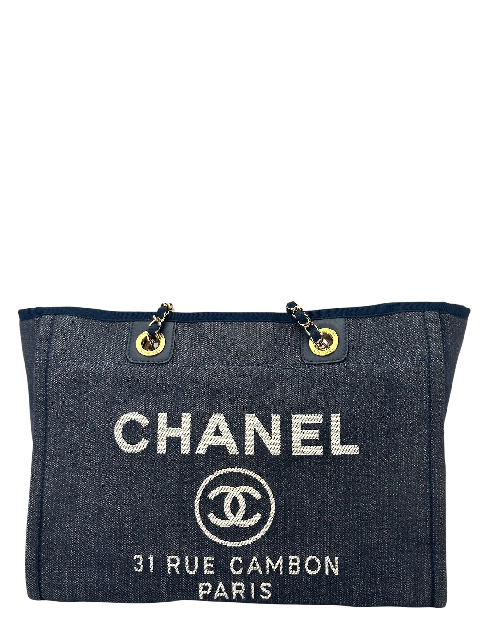 CHANEL - Blue Denim Deauville Tote MM Gold Hardware