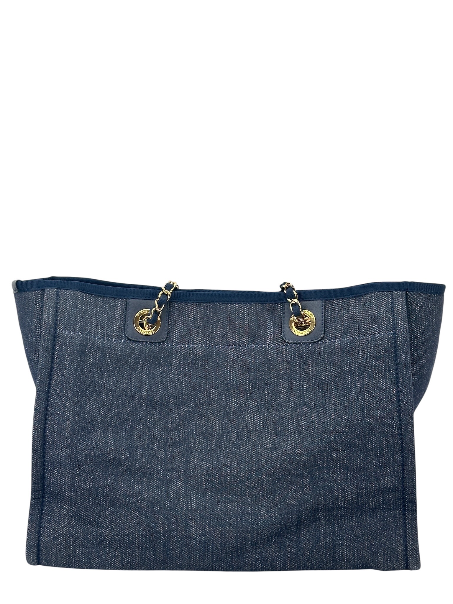 CHANEL - Blue Denim Deauville Tote MM Gold Hardware