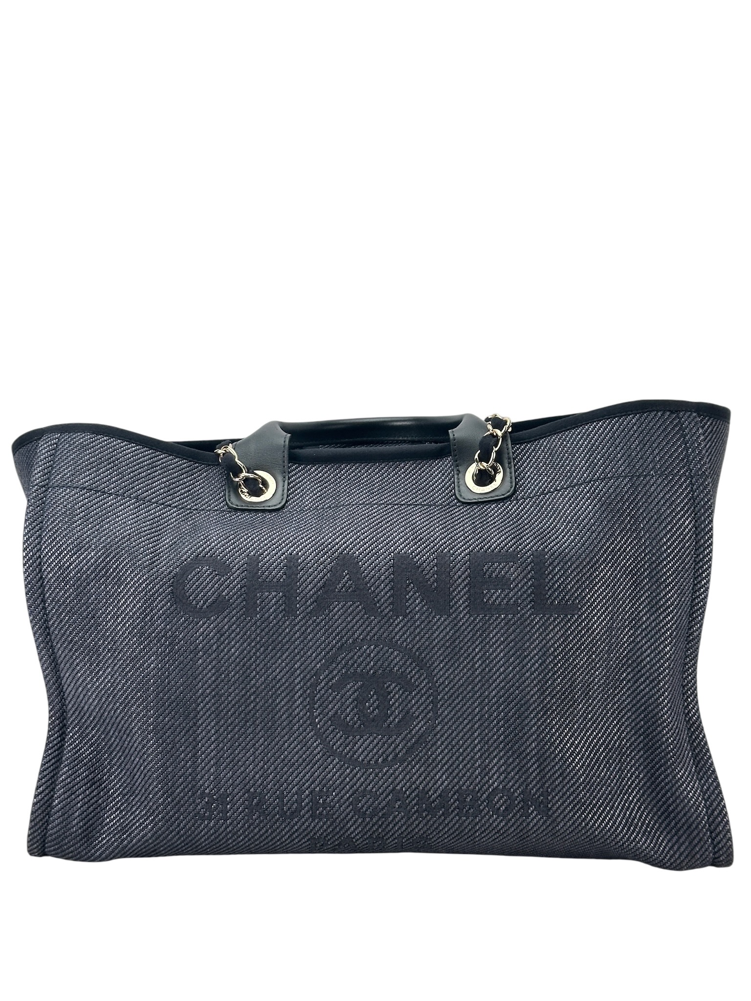 CHANEL -  Dark Blue Denim Deauville Tote MM Gold Hardware