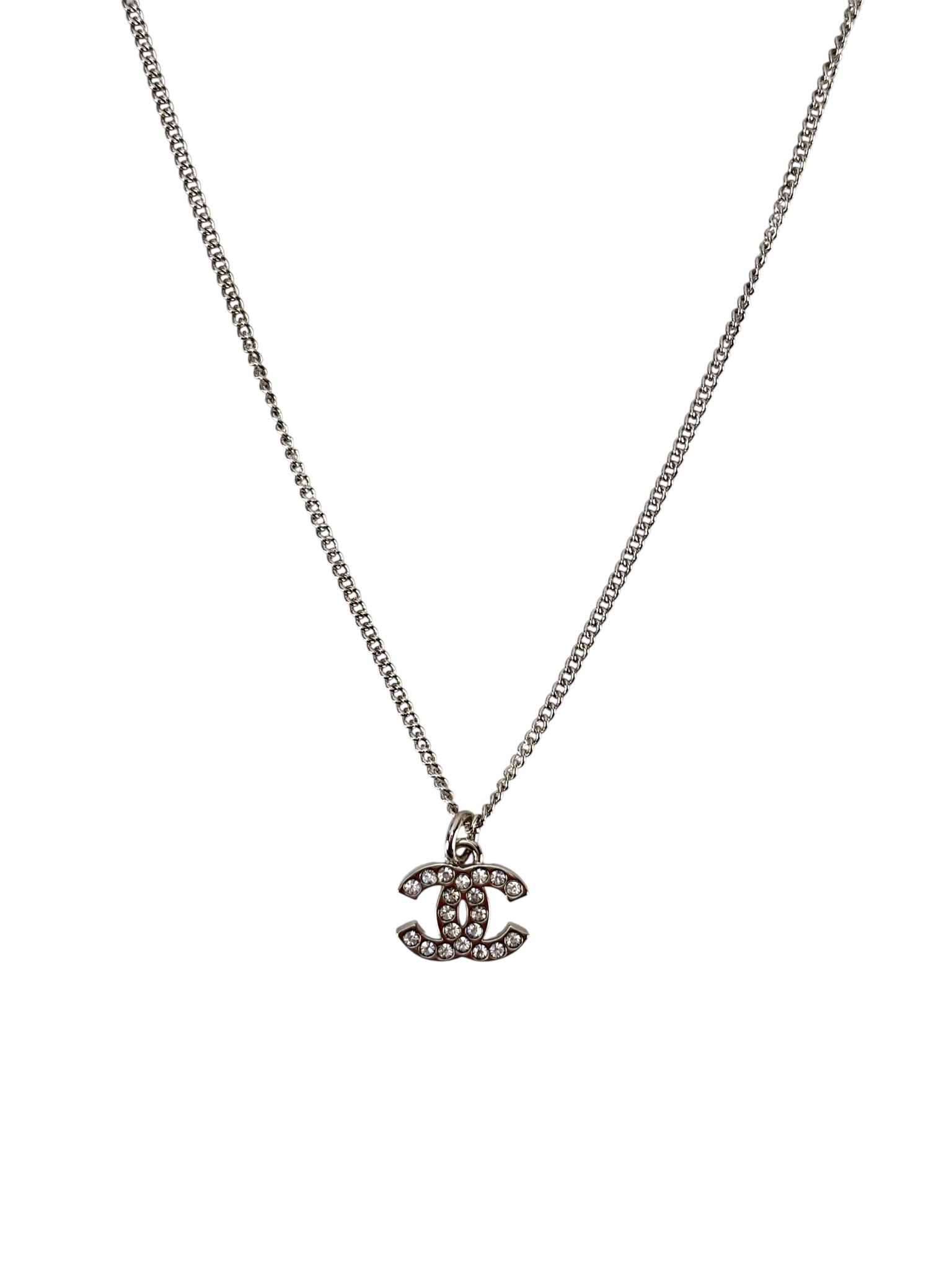 CHANEL - 19V Silver Rhinestone CC Necklace