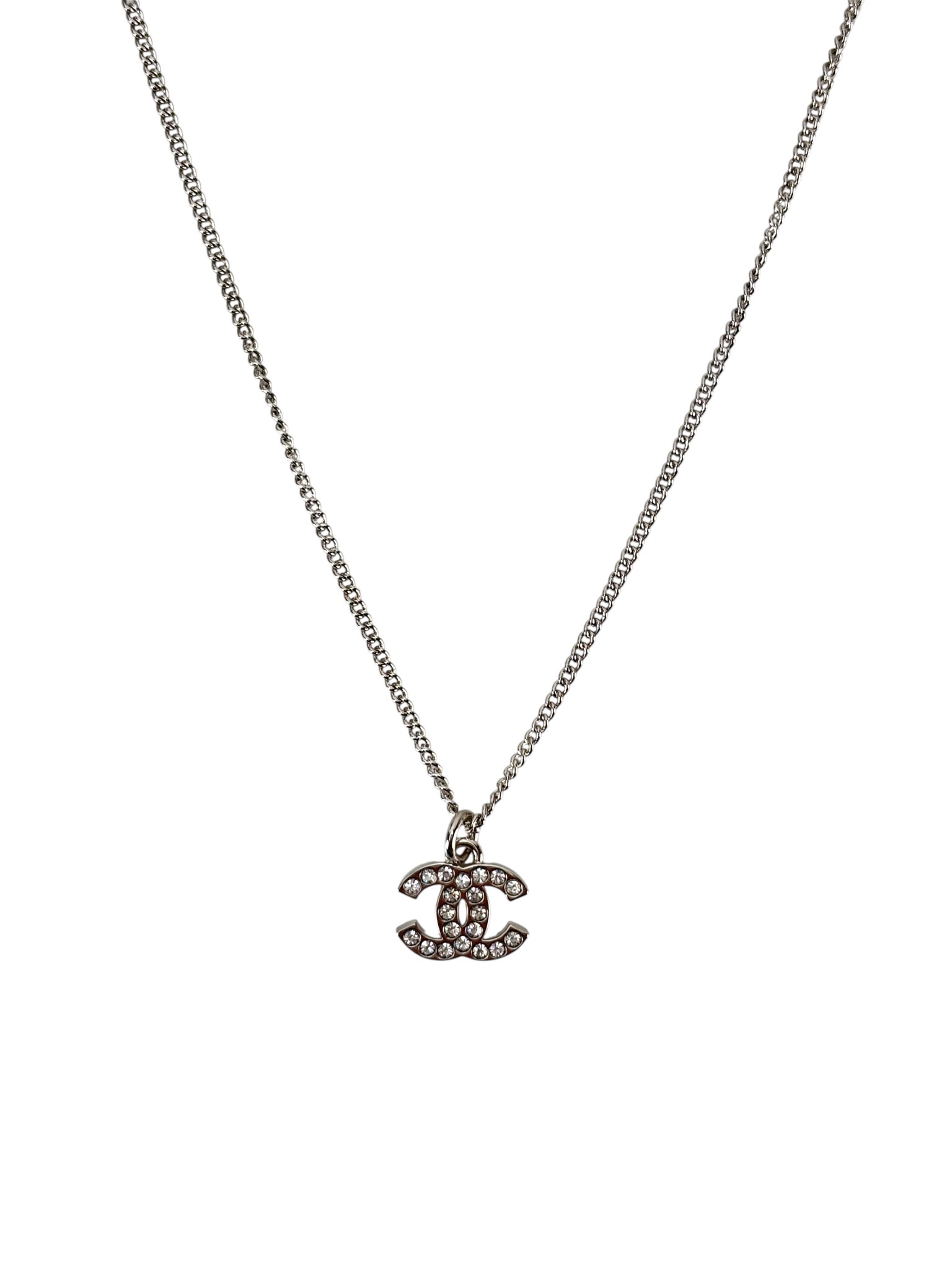 CHANEL - 19V Silver Rhinestone CC Necklace