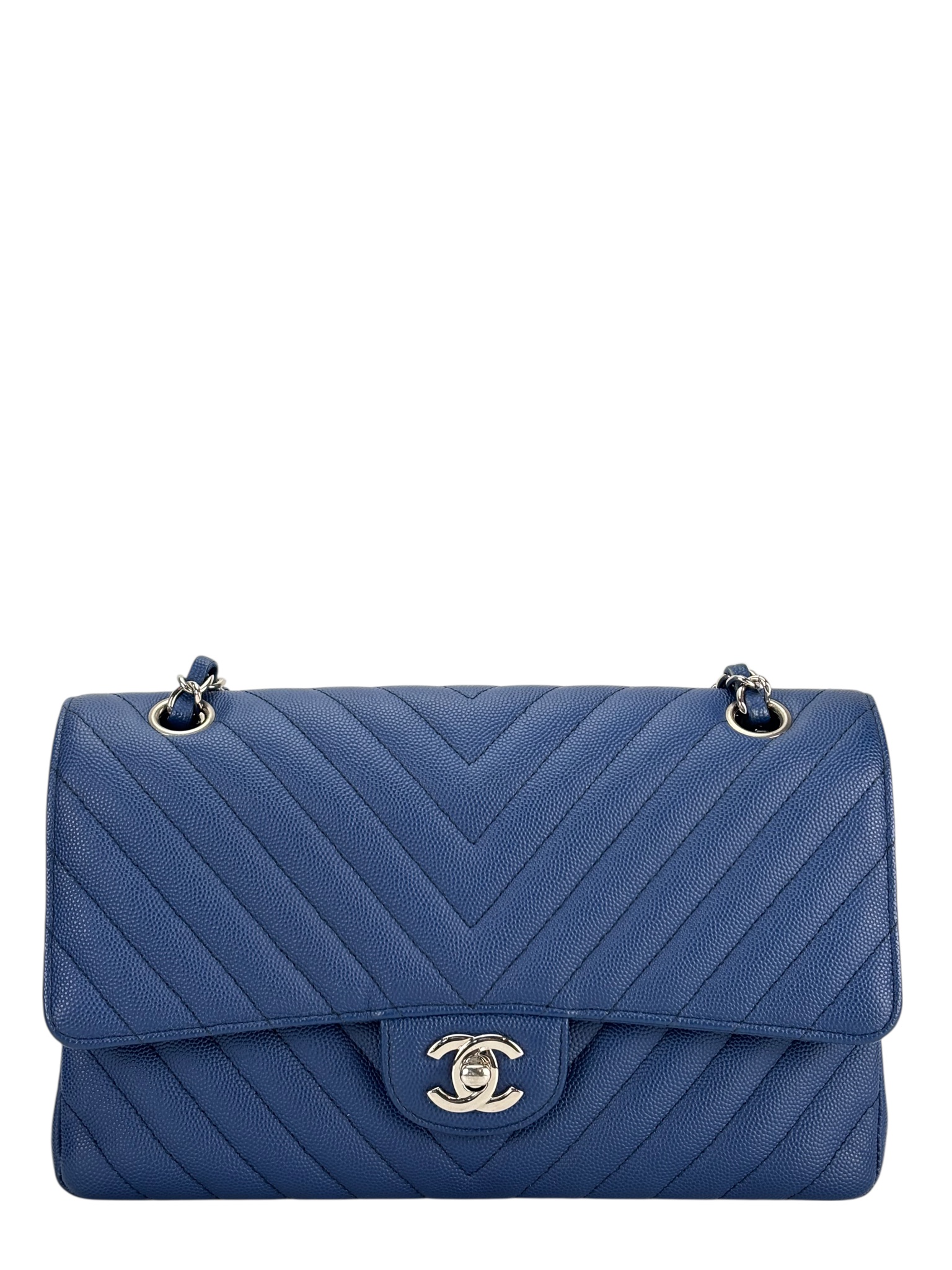 CHANEL - Medium Classic Double Flap Bag Blue Caviar Sliver Hardware (CF25)