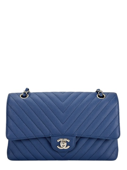 CHANEL - Medium Classic Double Flap Bag Blue Caviar Sliver Hardware (CF25)