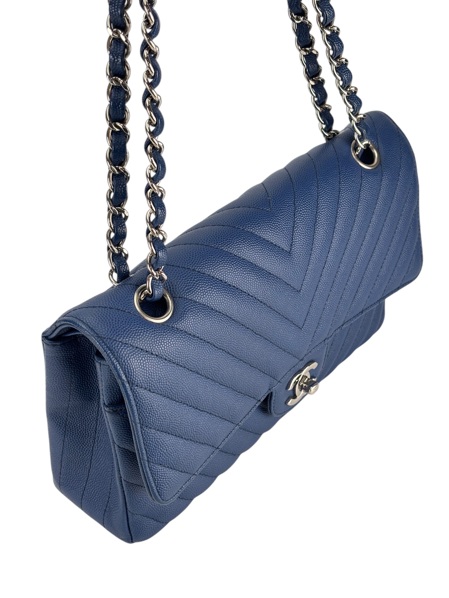 CHANEL - Medium Classic Double Flap Bag Blue Caviar Sliver Hardware (CF25)