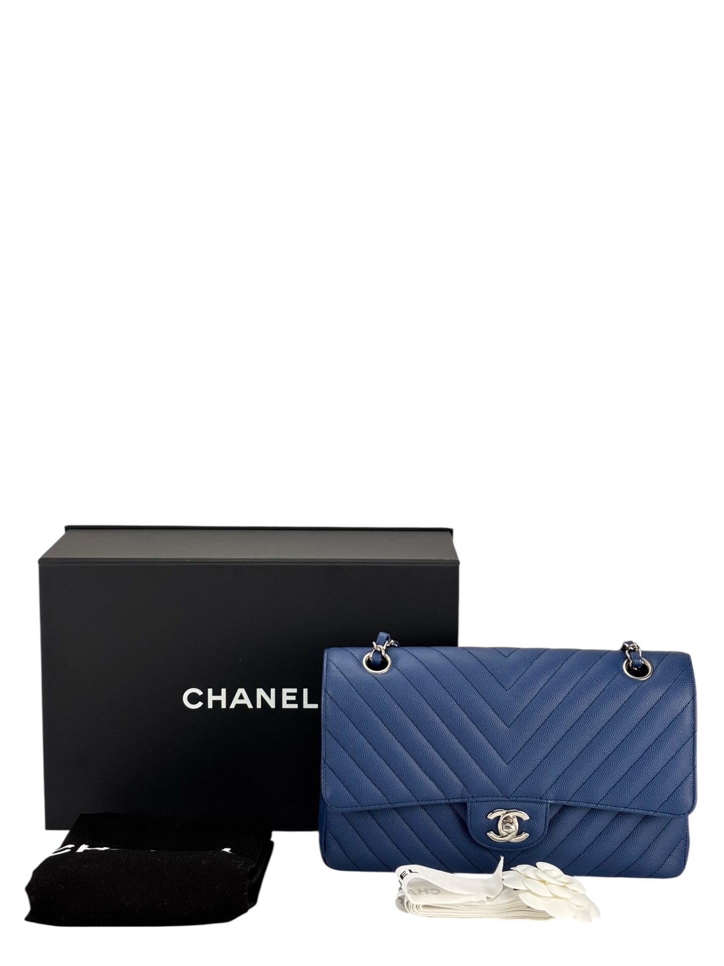 CHANEL - Medium Classic Double Flap Bag Blue Caviar Sliver Hardware (CF25)