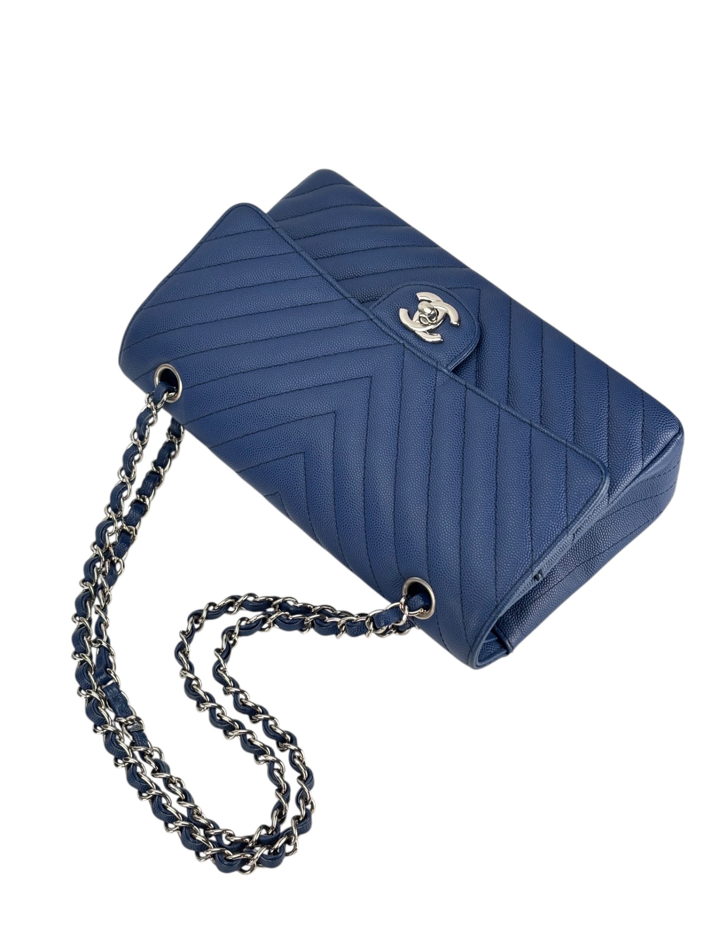 CHANEL - Medium Classic Double Flap Bag Blue Caviar Sliver Hardware (CF25)