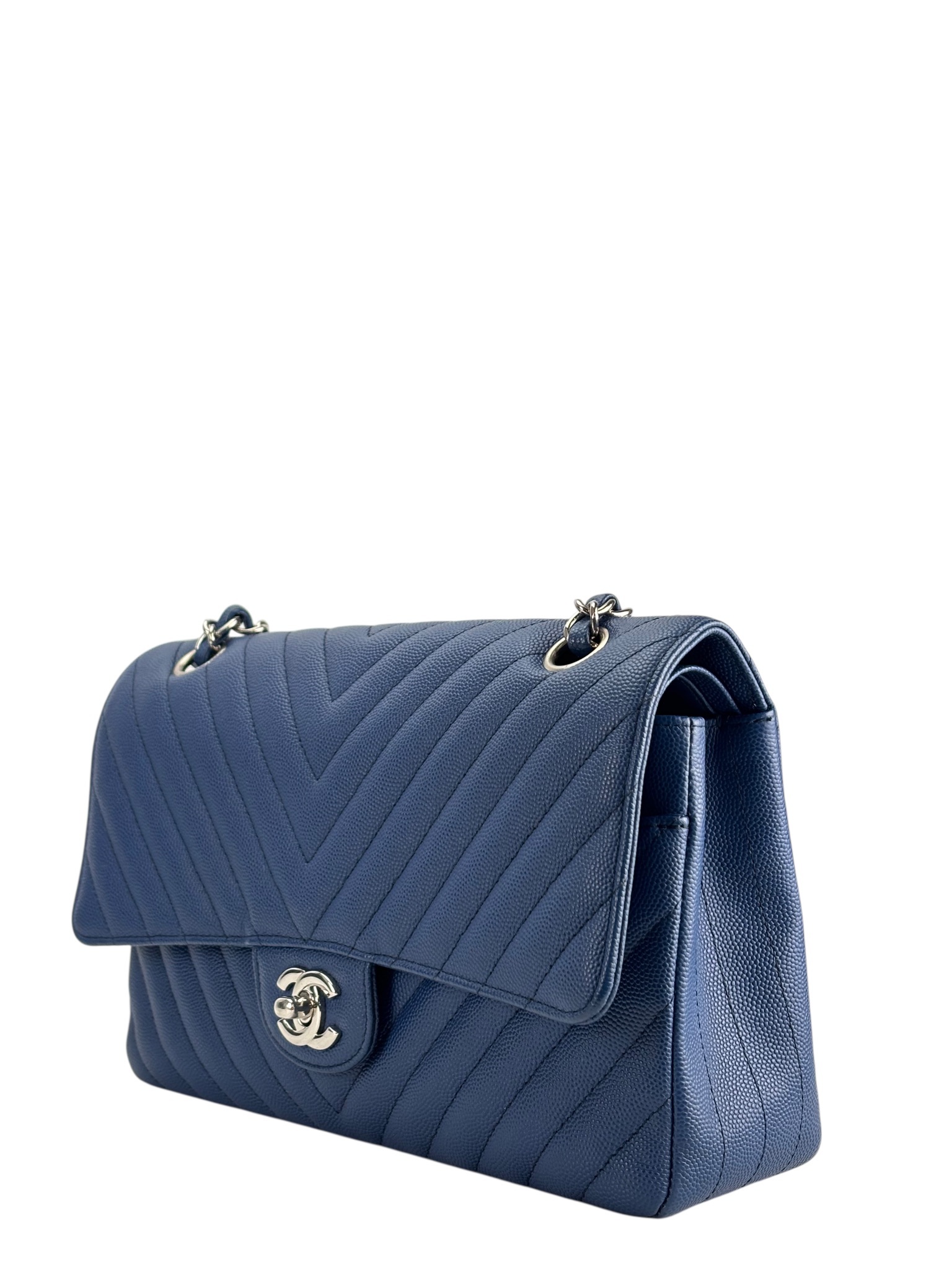 CHANEL - Medium Classic Double Flap Bag Blue Caviar Sliver Hardware (CF25)