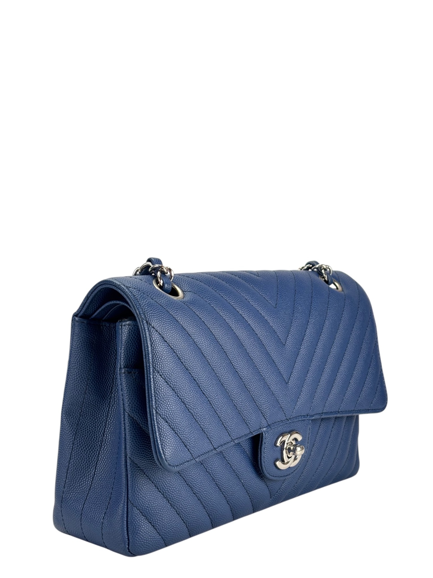 CHANEL - Medium Classic Double Flap Bag Blue Caviar Sliver Hardware (CF25)