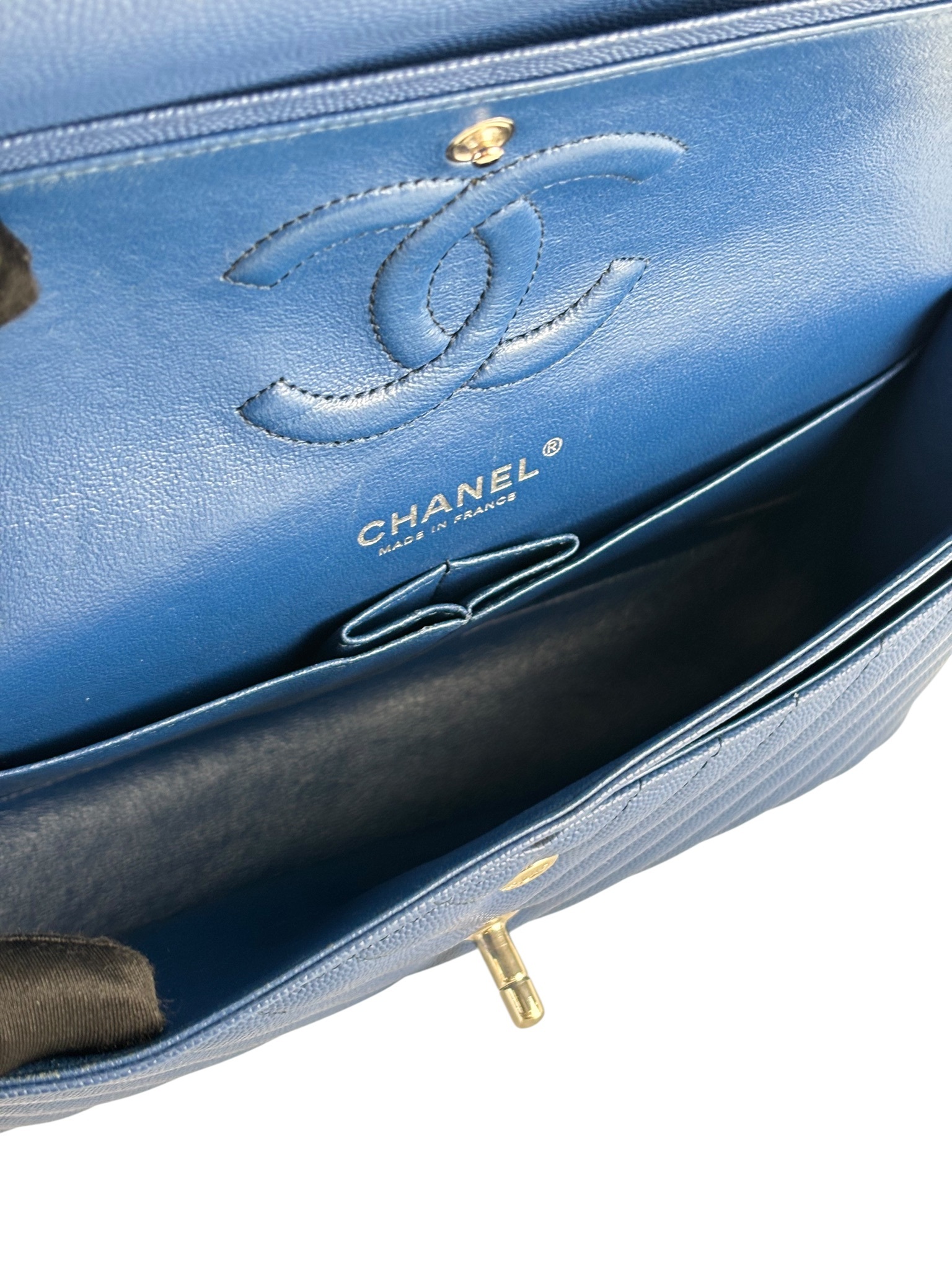 CHANEL - Medium Classic Double Flap Bag Blue Caviar Sliver Hardware (CF25)