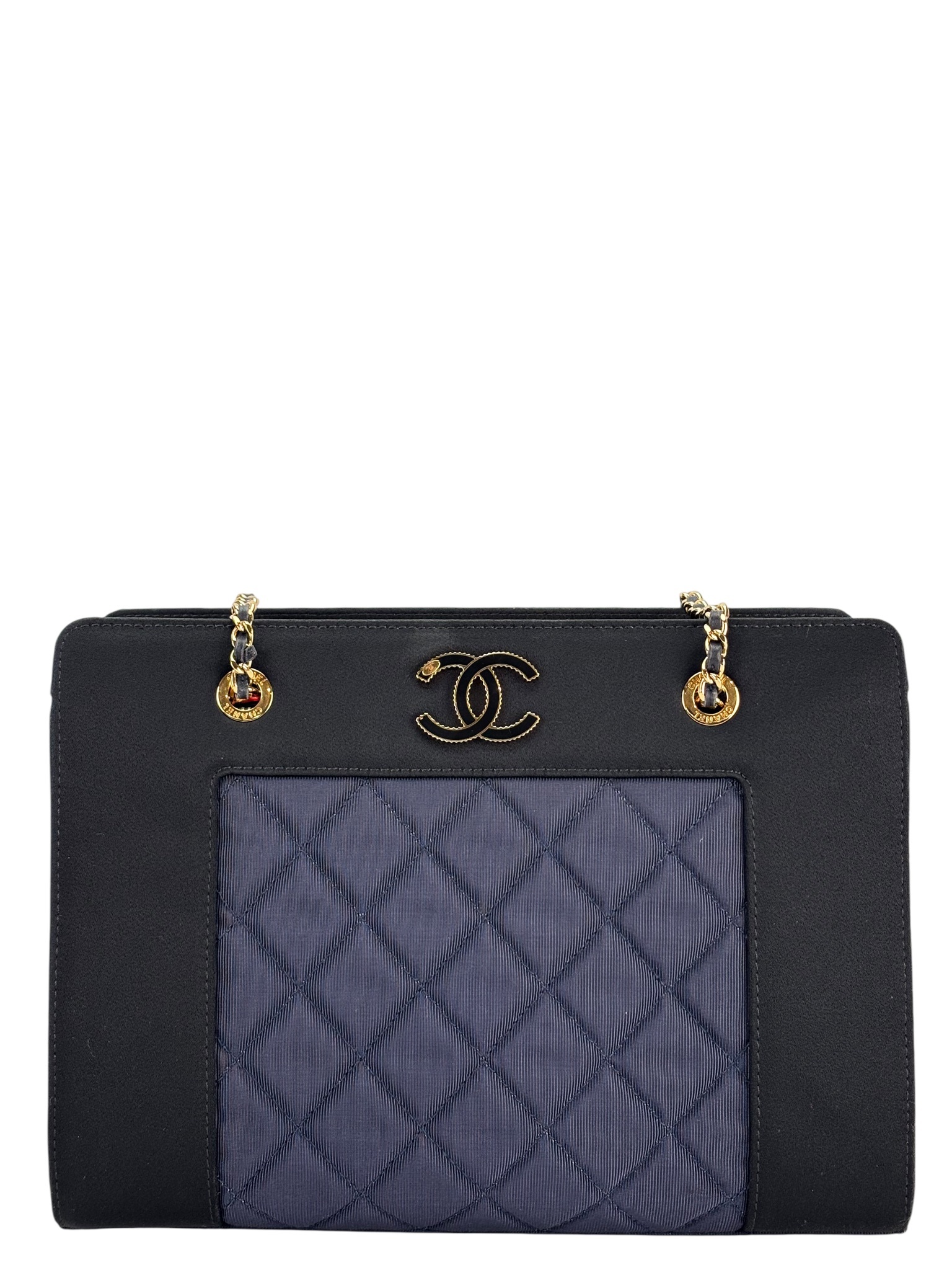 CHANEL - Canvas Satin Mademoiselle Tote Bag Blue Black