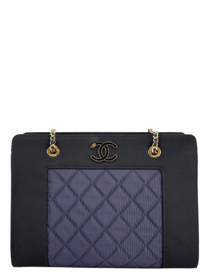 CHANEL - Canvas Satin Mademoiselle Tote Bag Blue Black