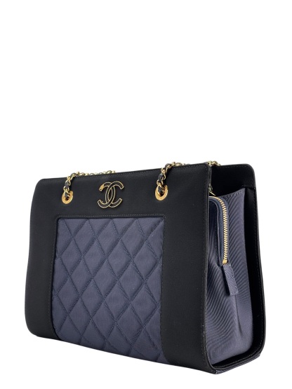 CHANEL - Canvas Satin Mademoiselle Tote Bag Blue Black