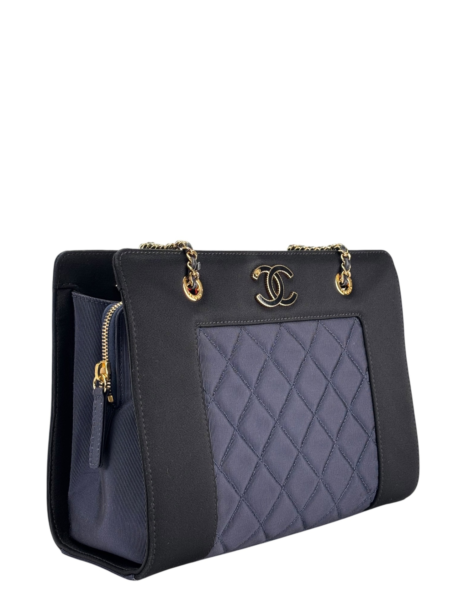 CHANEL - Canvas Satin Mademoiselle Tote Bag Blue Black