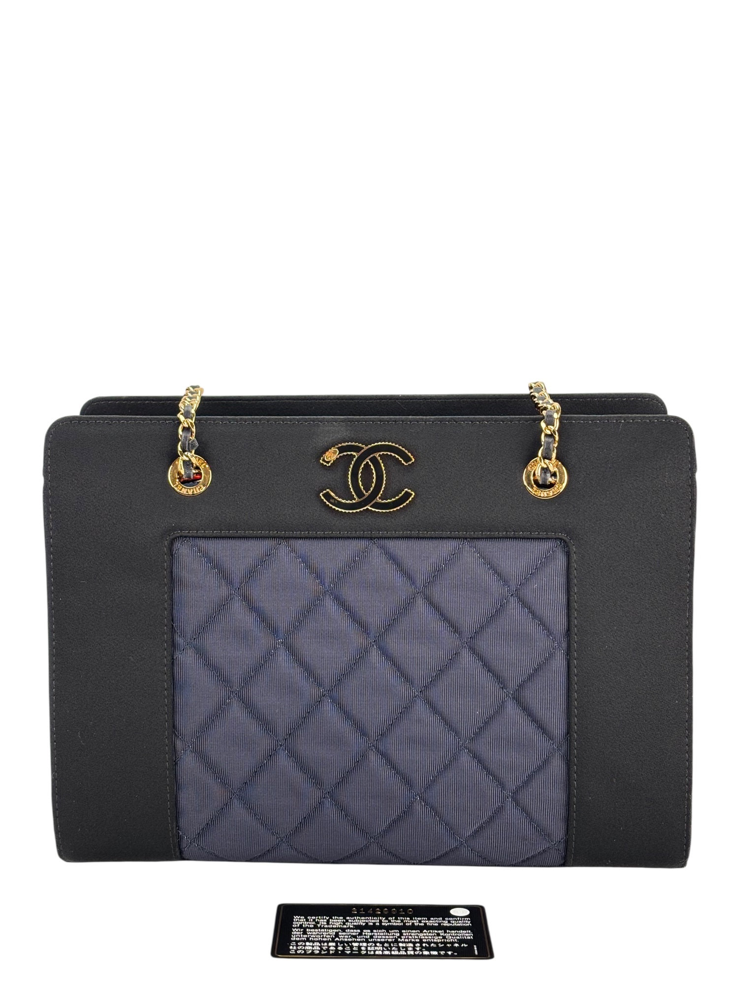 CHANEL - Canvas Satin Mademoiselle Tote Bag Blue Black