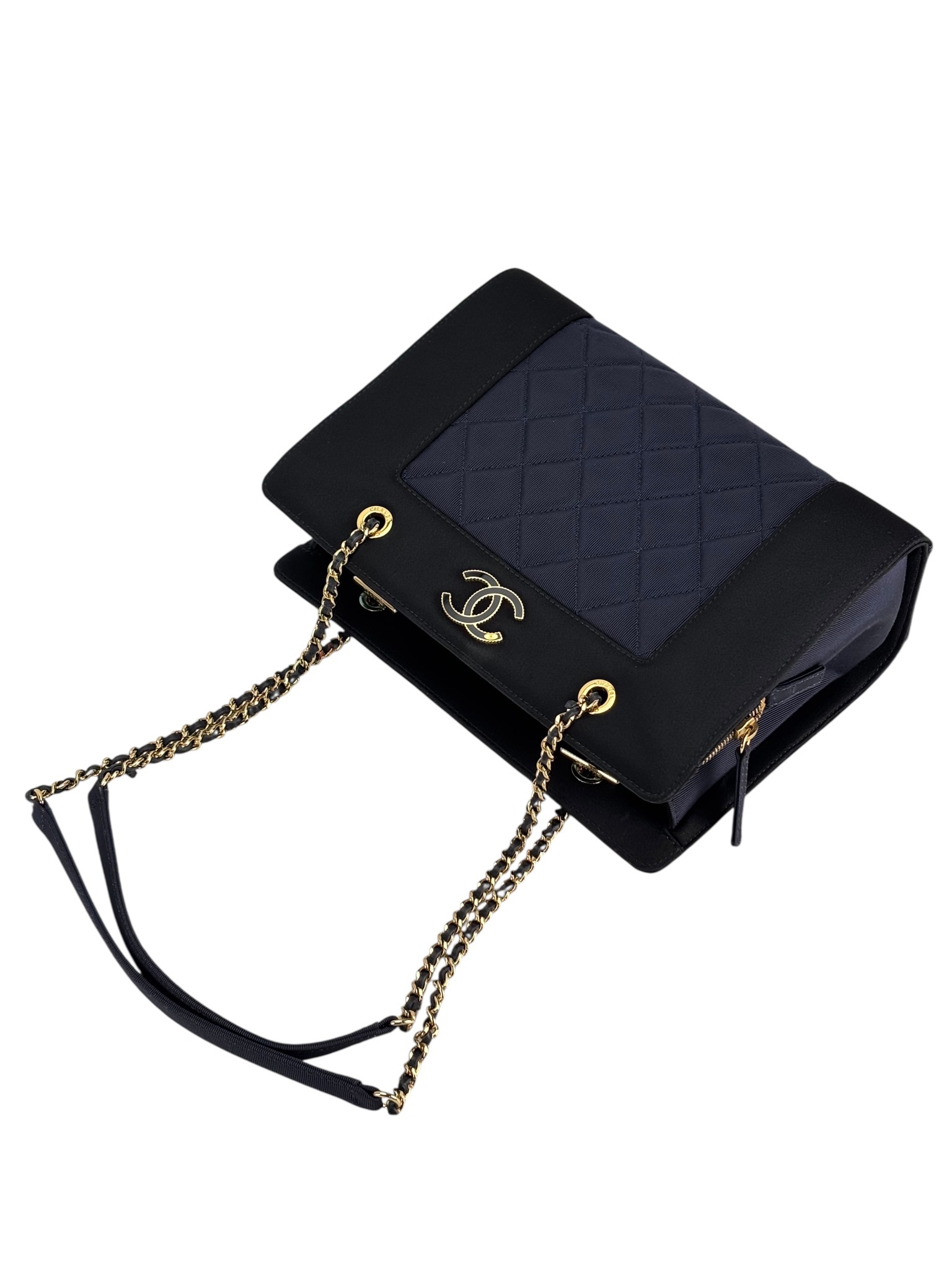 CHANEL - Canvas Satin Mademoiselle Tote Bag Blue Black