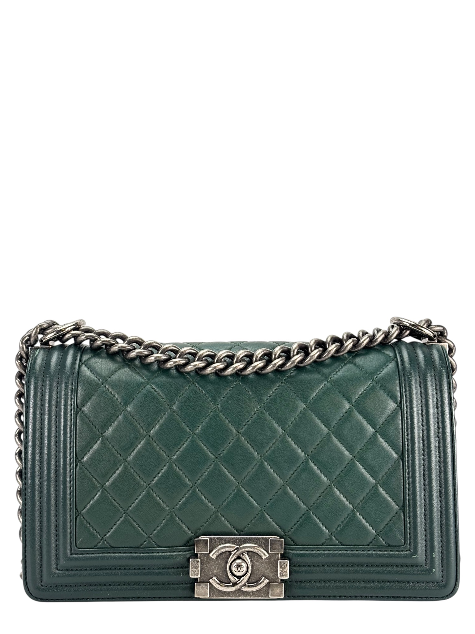 CHANEL - Medium Boy Flap Bag Green Lambskin Metal 
