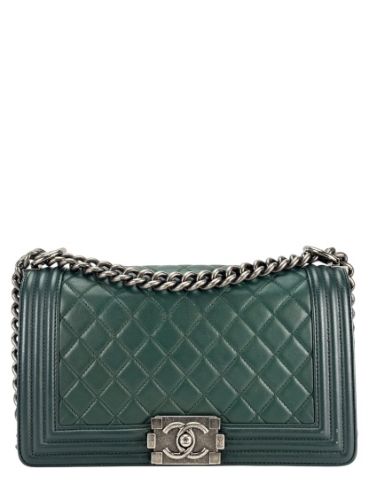 CHANEL - Medium Boy Flap Bag Green Lambskin Metal 
