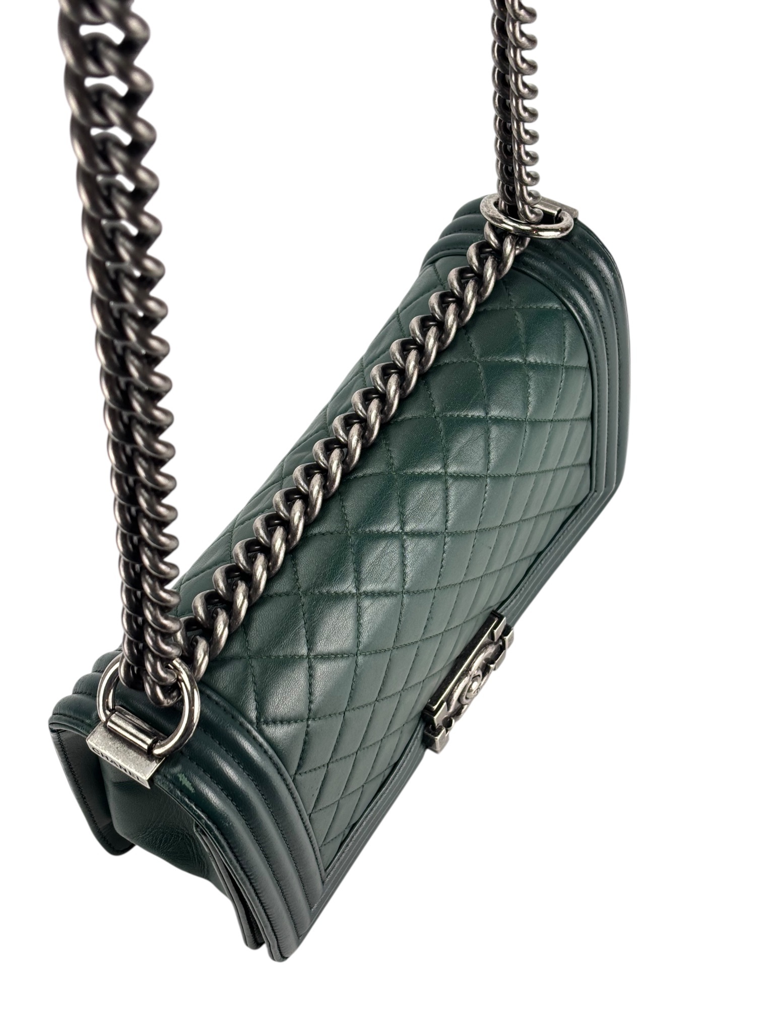 CHANEL - Medium Boy Flap Bag Green Lambskin Metal 