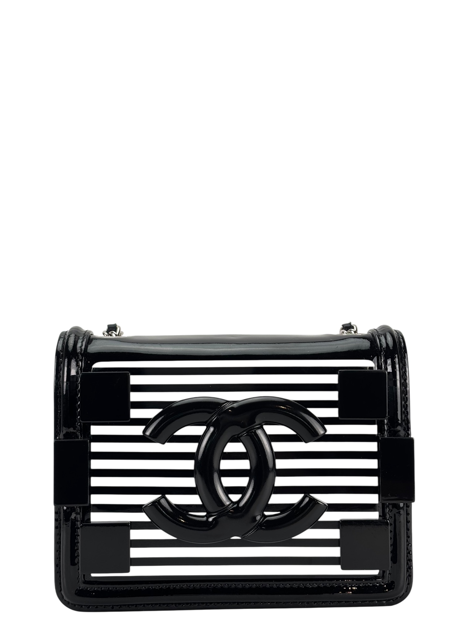 CHANEL - Lego Boy Canvas Plastic Chain Shoulder Bag Black White Silver Hardware