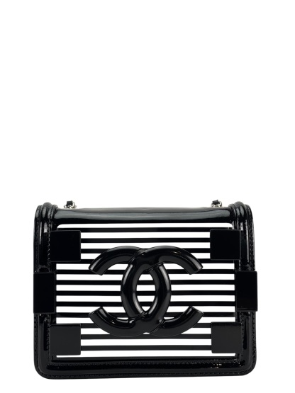 CHANEL - Lego Boy Canvas Plastic Chain Shoulder Bag Black White Silver Hardware