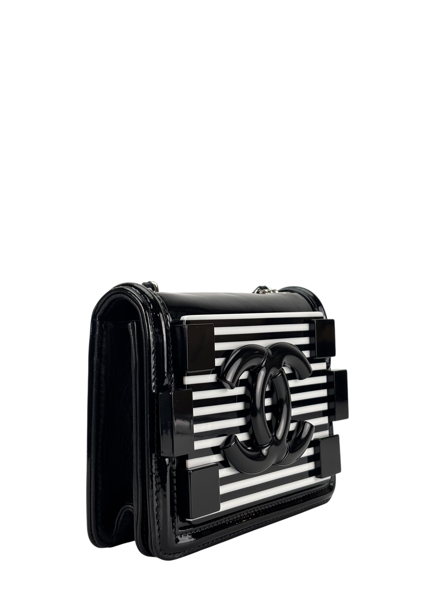 CHANEL - Lego Boy Canvas Plastic Chain Shoulder Bag Black White Silver Hardware