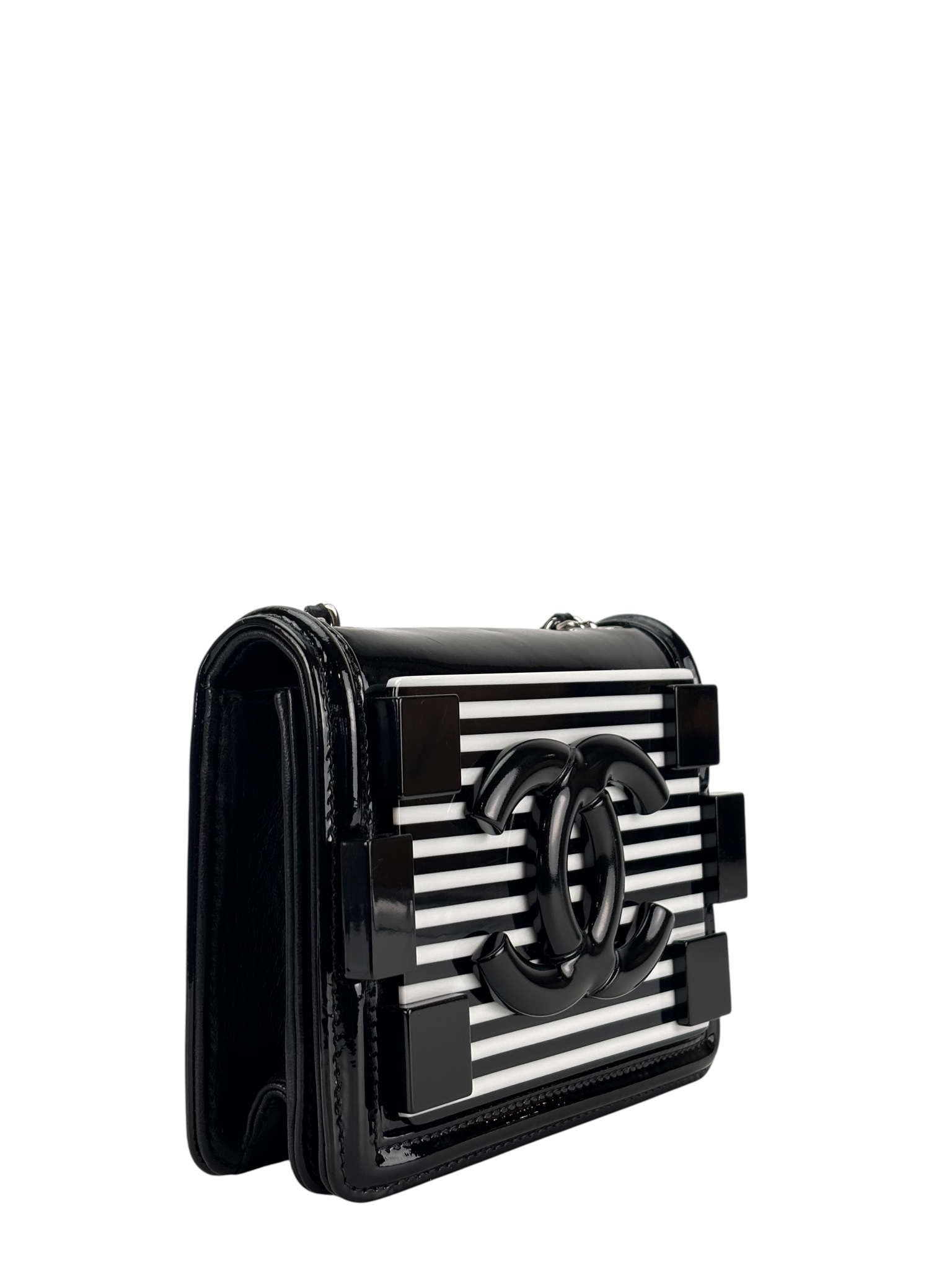 CHANEL - Lego Boy Canvas Plastic Chain Shoulder Bag Black White Silver Hardware