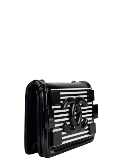 CHANEL - Lego Boy Canvas Plastic Chain Shoulder Bag Black White Silver Hardware