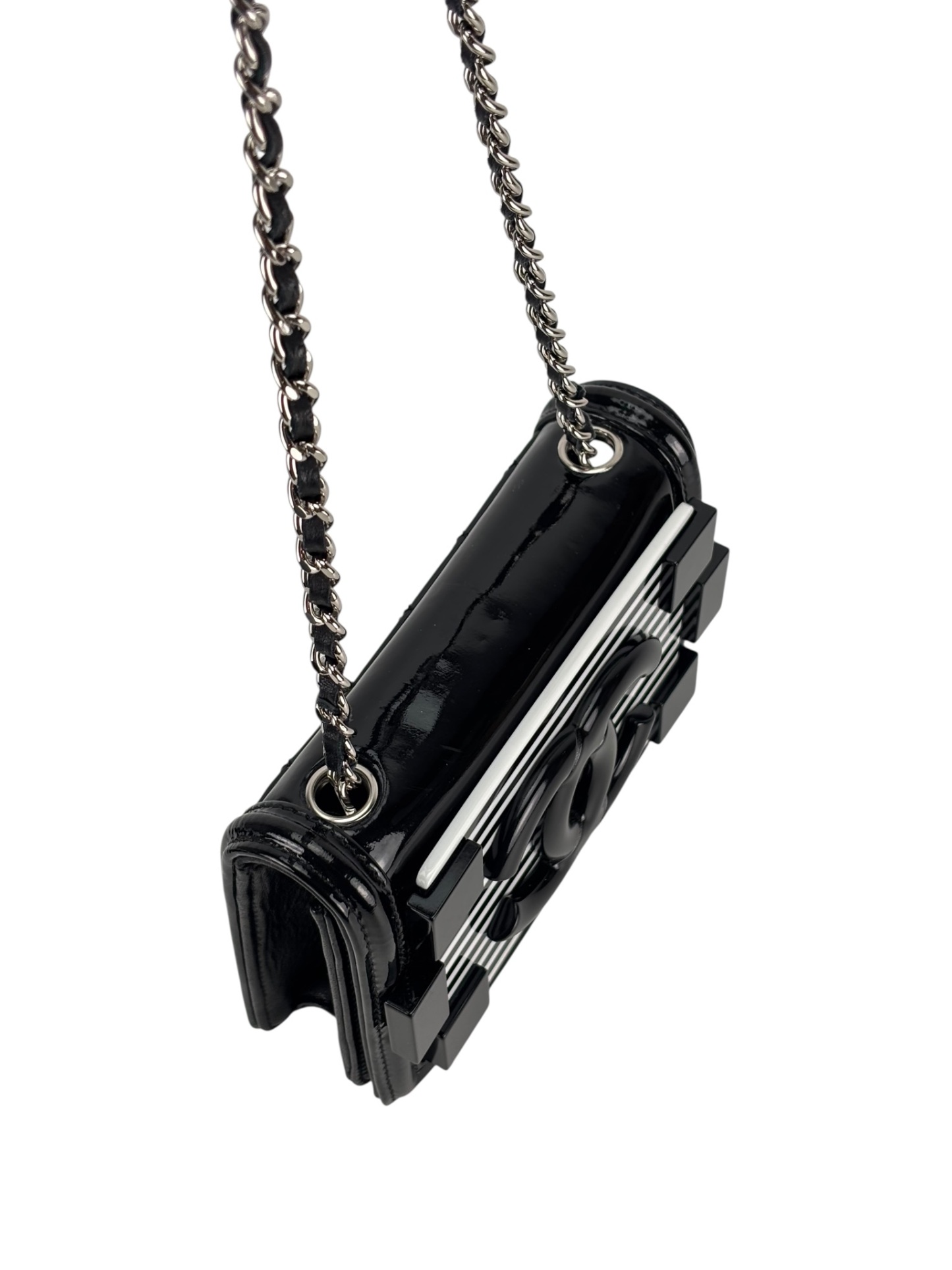 CHANEL - Lego Boy Canvas Plastic Chain Shoulder Bag Black White Silver Hardware