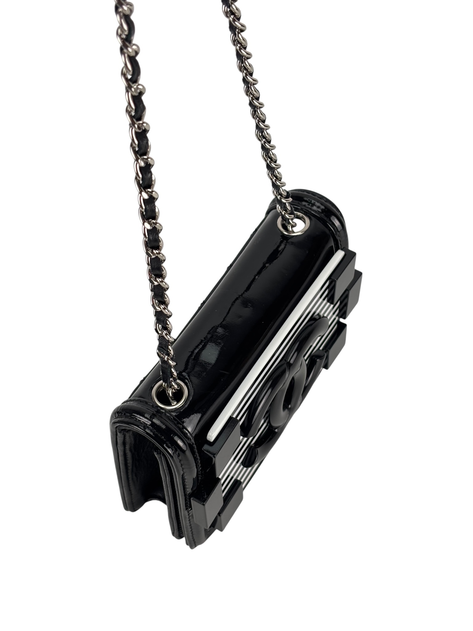 CHANEL - Lego Boy Canvas Plastic Chain Shoulder Bag Black White Silver Hardware