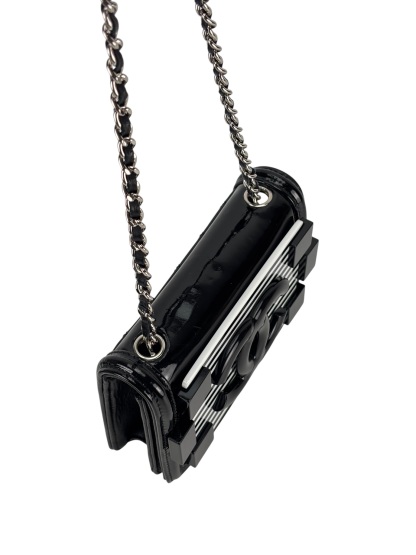 CHANEL - Lego Boy Canvas Plastic Chain Shoulder Bag Black White Silver Hardware