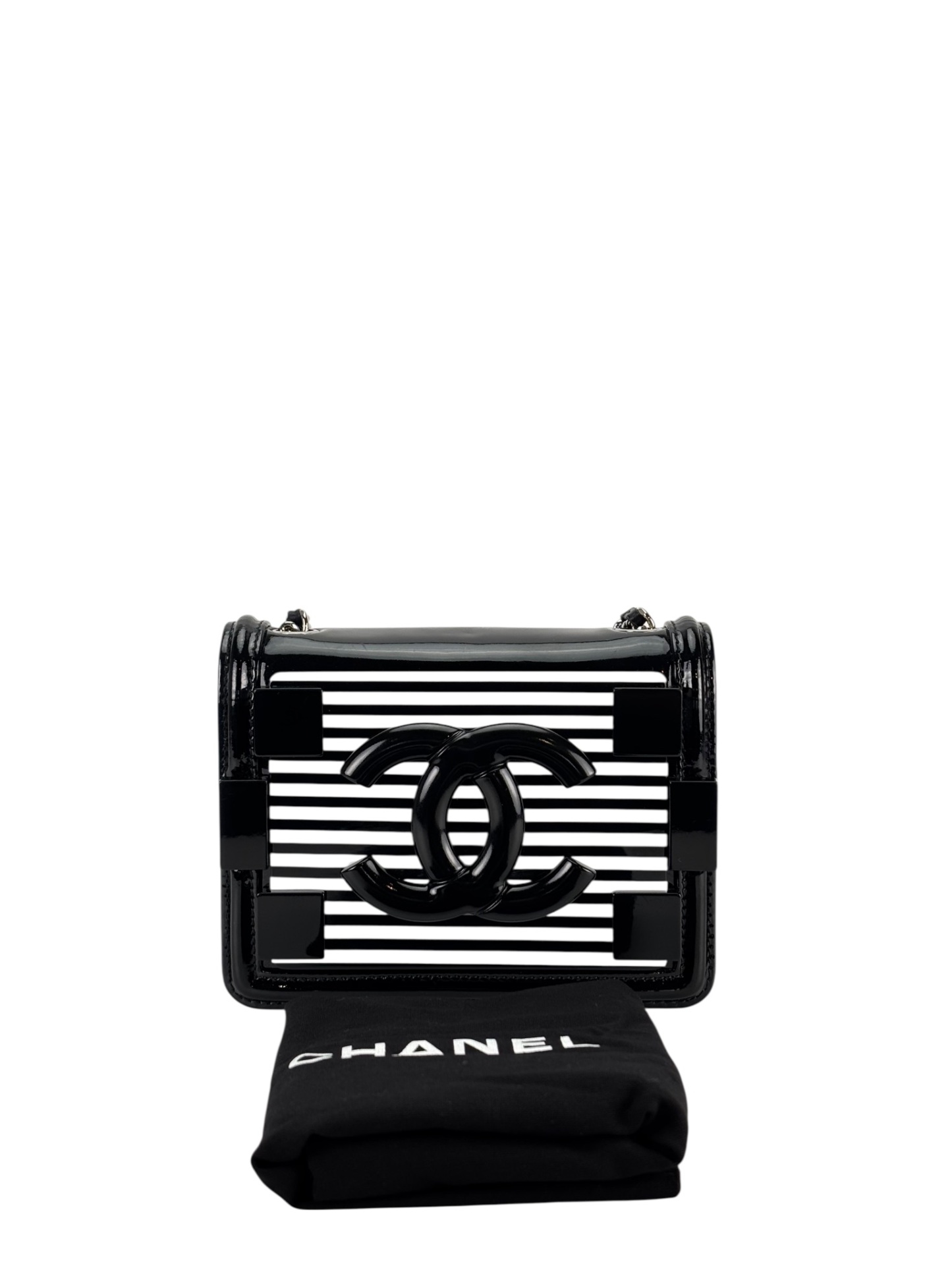 CHANEL - Lego Boy Canvas Plastic Chain Shoulder Bag Black White Silver Hardware