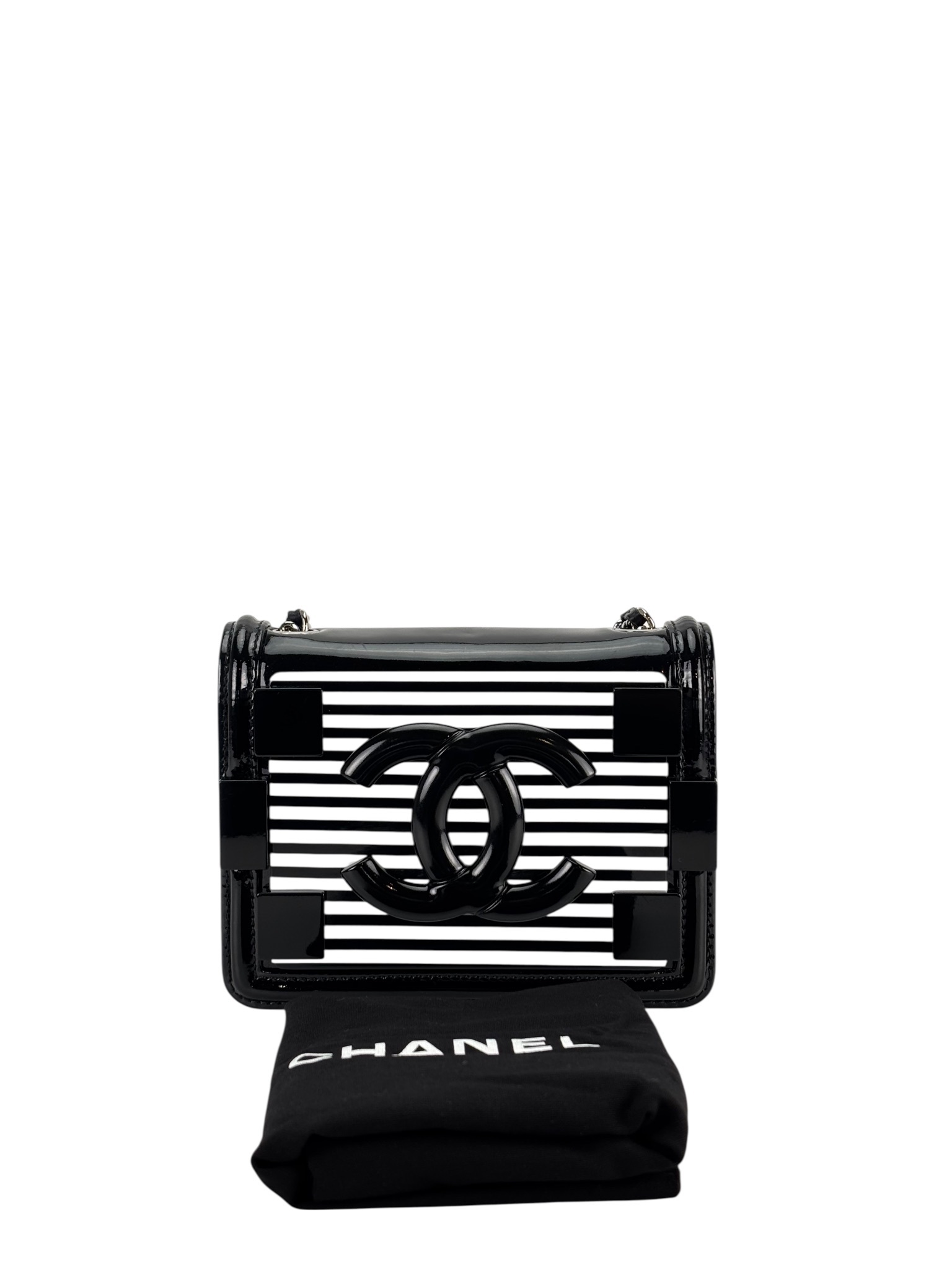 CHANEL - Lego Boy Canvas Plastic Chain Shoulder Bag Black White Silver Hardware