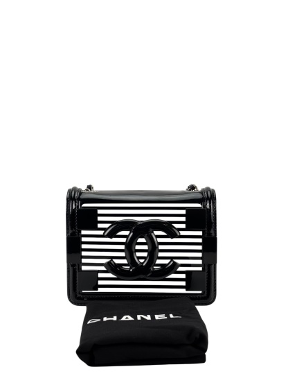 CHANEL - Lego Boy Canvas Plastic Chain Shoulder Bag Black White Silver Hardware