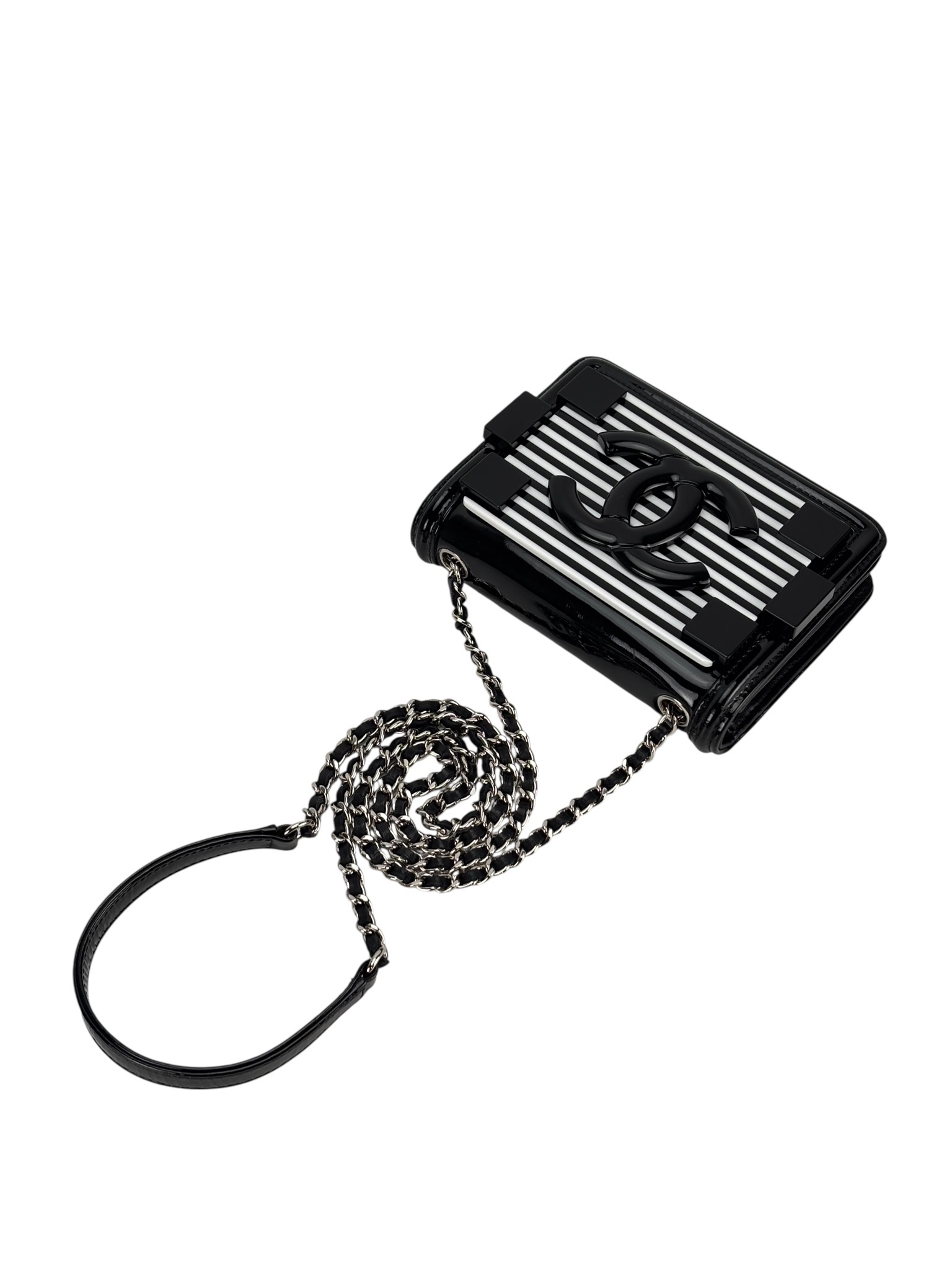 CHANEL - Lego Boy Canvas Plastic Chain Shoulder Bag Black White Silver Hardware