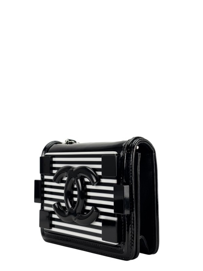 CHANEL - Lego Boy Canvas Plastic Chain Shoulder Bag Black White Silver Hardware