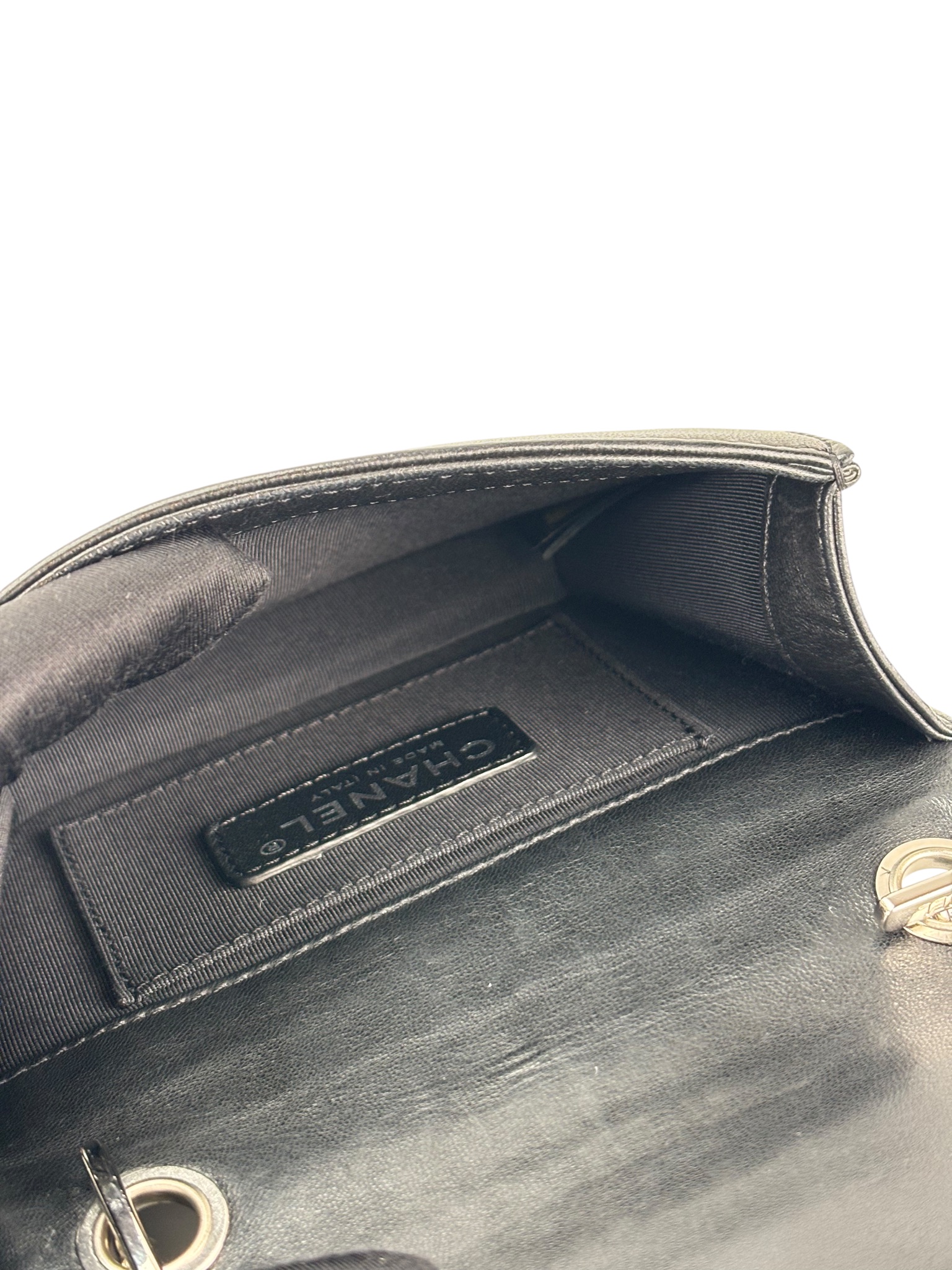 CHANEL - Lego Boy Canvas Plastic Chain Shoulder Bag Black White Silver Hardware