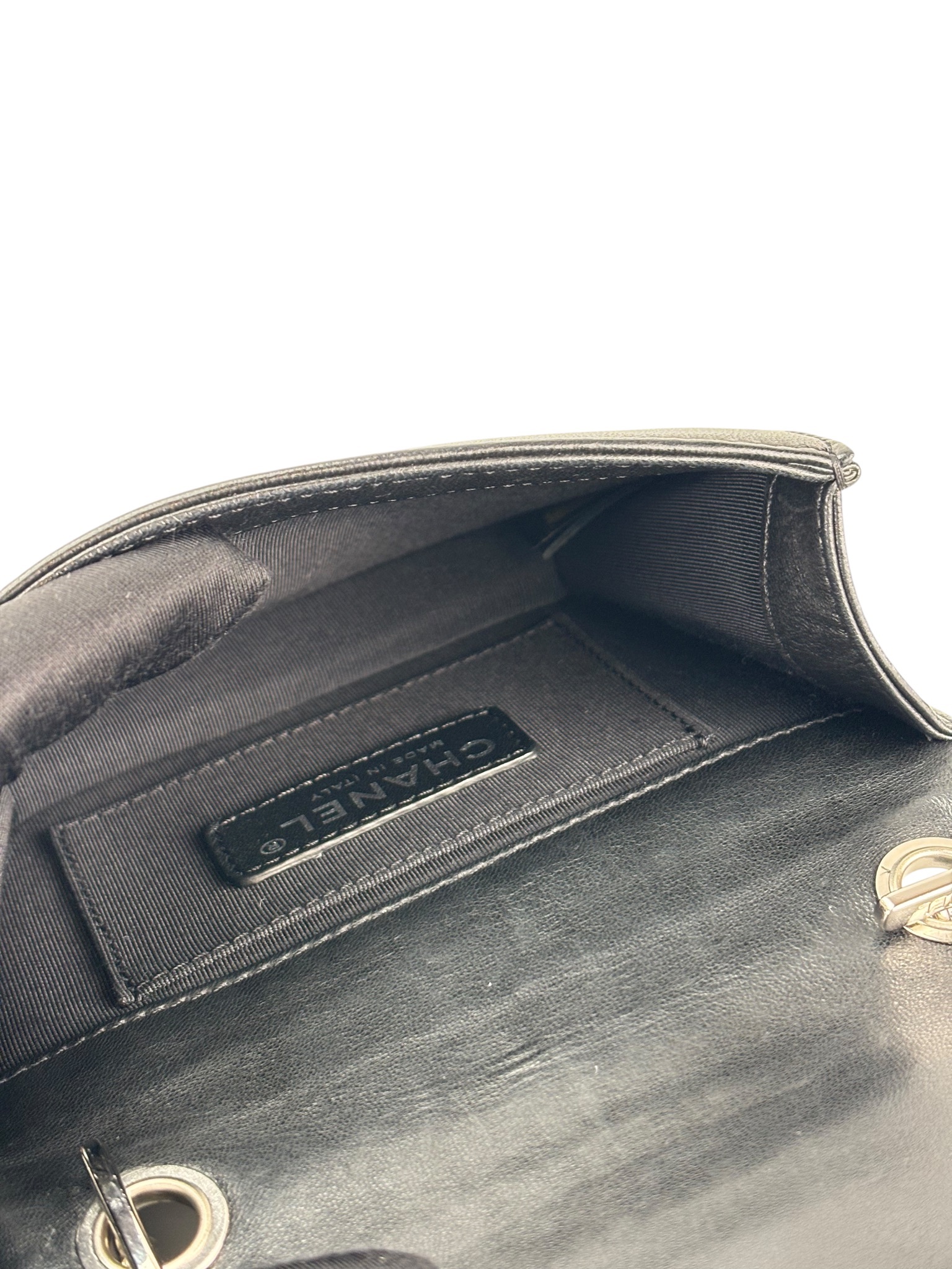 CHANEL - Lego Boy Canvas Plastic Chain Shoulder Bag Black White Silver Hardware