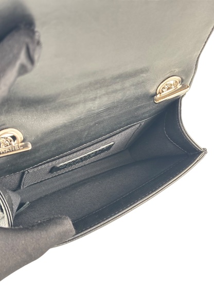 CHANEL - Lego Boy Canvas Plastic Chain Shoulder Bag Black White Silver Hardware