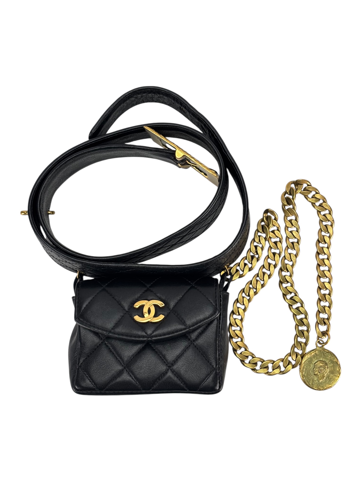 CHANEL - Black Lambskin Medallion Belt Chain Bag 