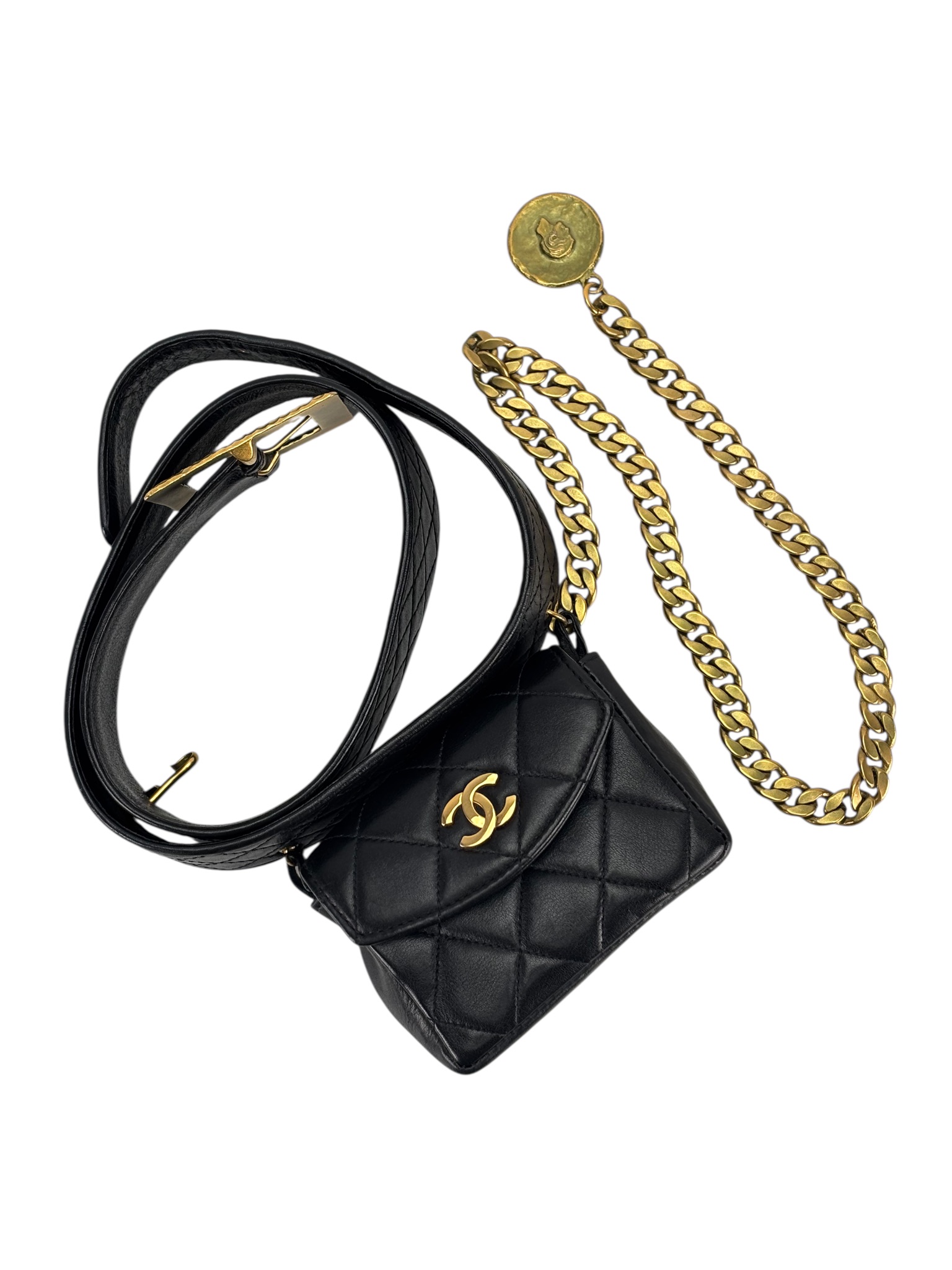 CHANEL - Black Lambskin Medallion Belt Chain Bag 