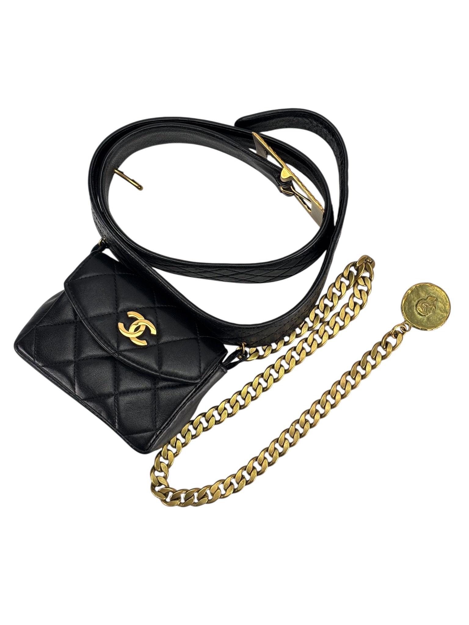 CHANEL - Black Lambskin Medallion Belt Chain Bag 